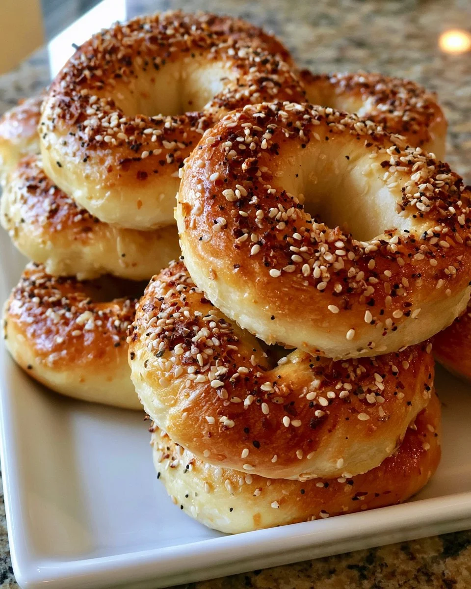 Freshly baked homemade bagels on a wooden table