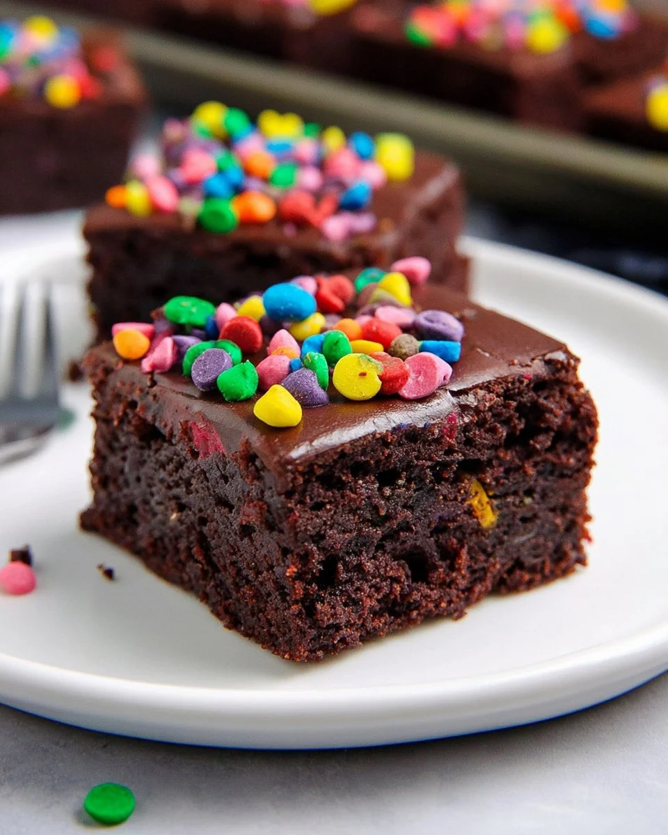 Homemade cosmic brownies topped with colorful rainbow chips on a plate.