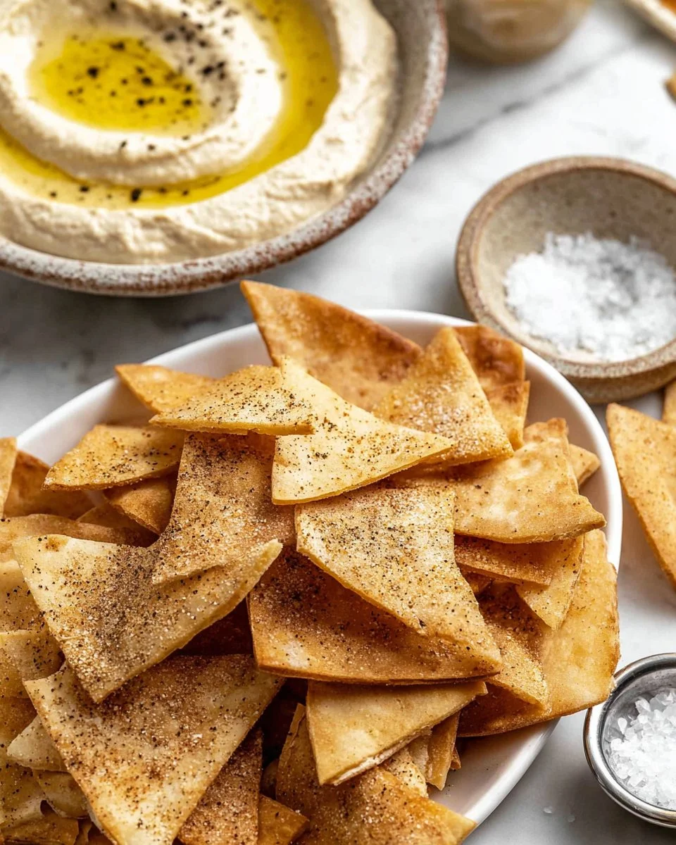 Bowl of crispy homemade pita chips served with dips