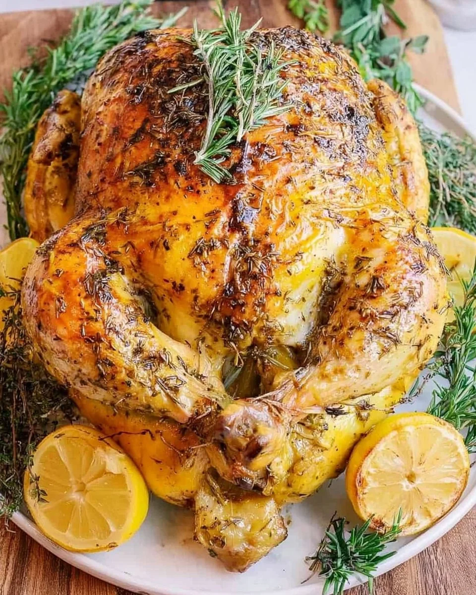 Homemade rotisserie chicken served on a plate with herbs