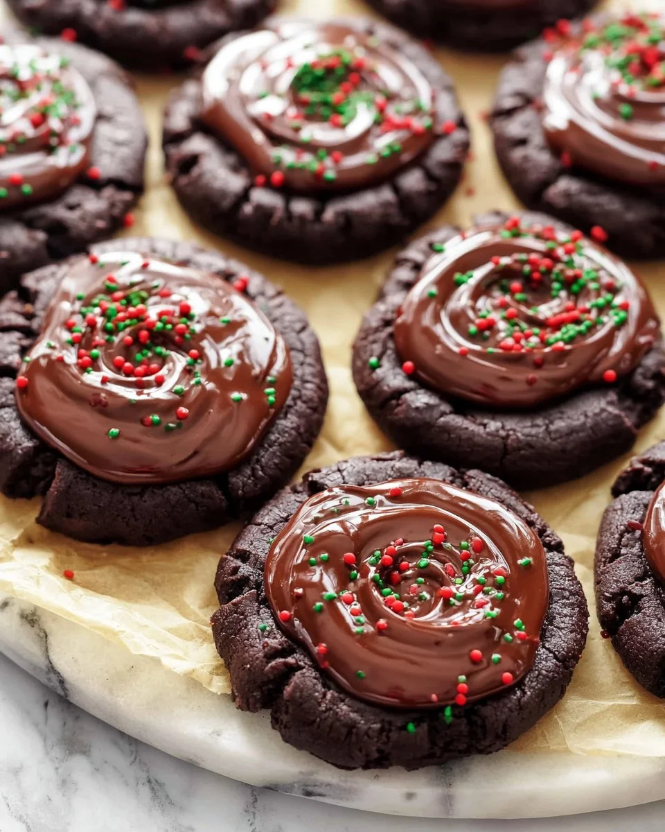 Freshly baked hot chocolate cookies on a plate with chocolate drizzle