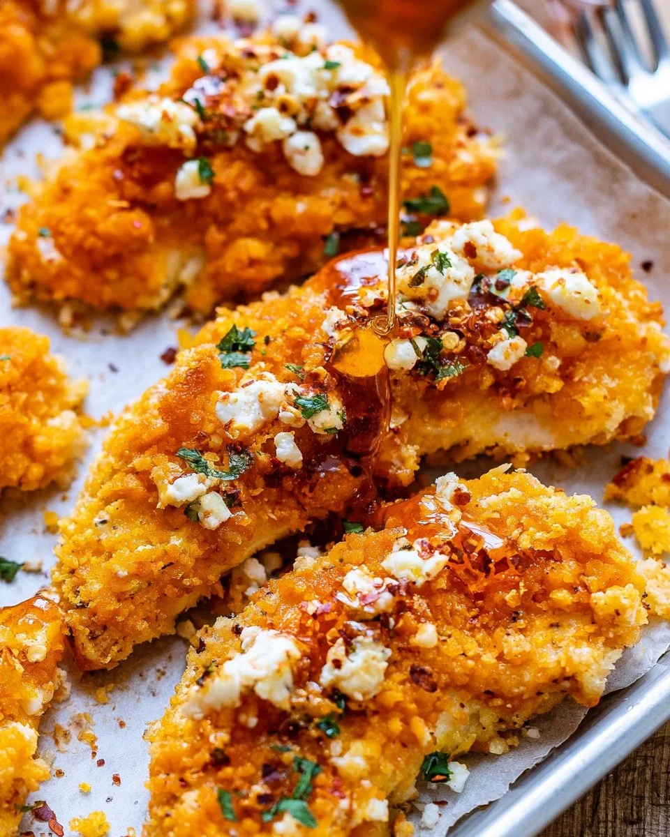 Delicious Hot Honey Feta Chicken on a plate, garnished with herbs and spices.