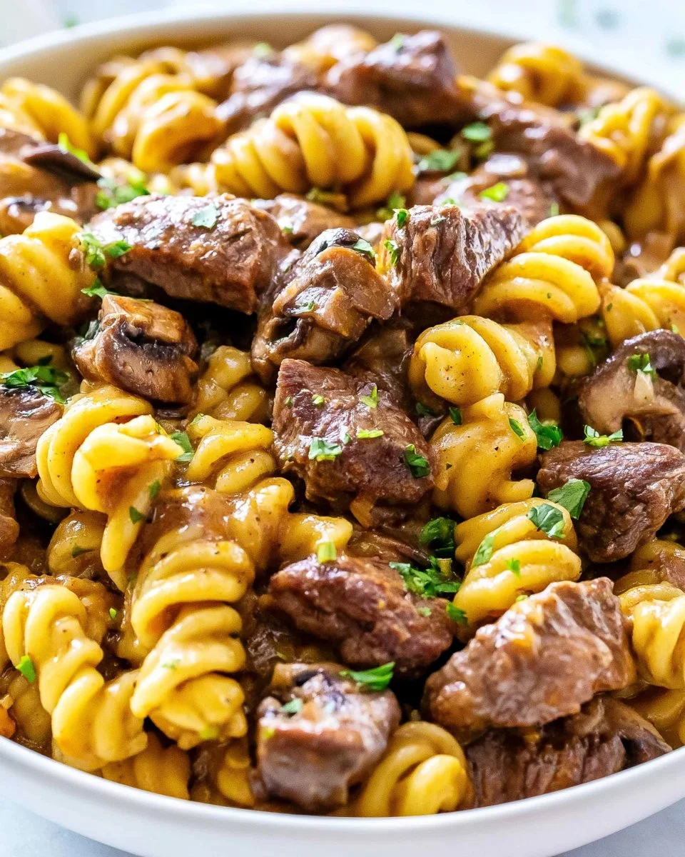 Delicious Instant Pot beef stroganoff served in a bowl with noodles and parsley