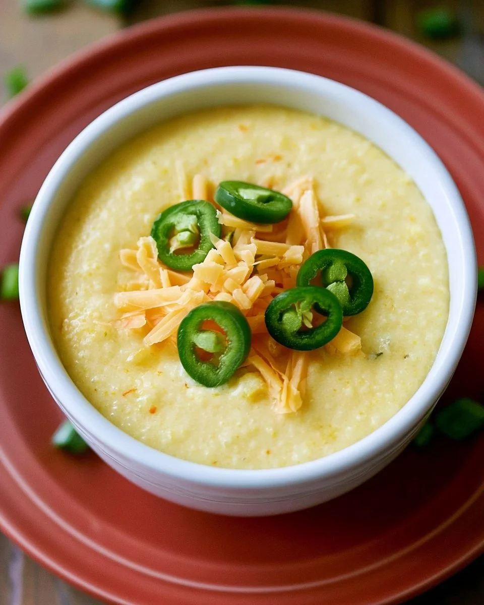 Bowl of jalapeño cheese grits topped with green onions and cheese