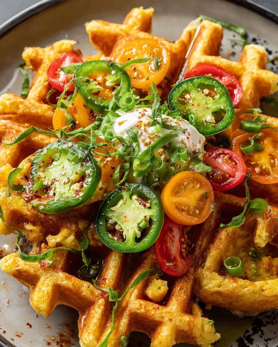 Jalapeño Cornbread Waffles served with toppings on a plate
