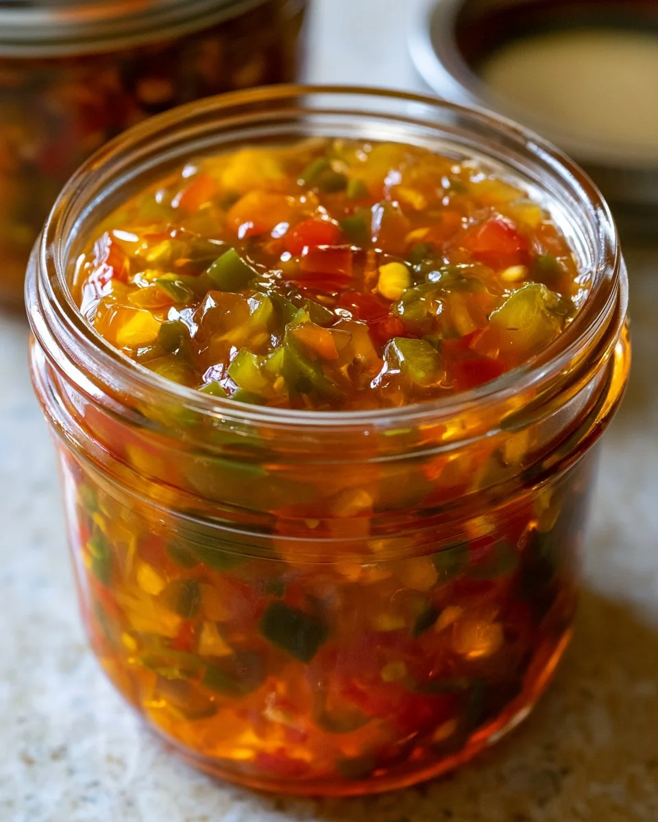 A jar of delicious homemade Jalapeño Pepper Jelly with peppers and bread slices.