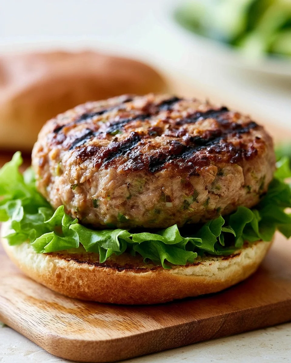 Juicy turkey burger with zucchini on a plate, garnished with fresh herbs.