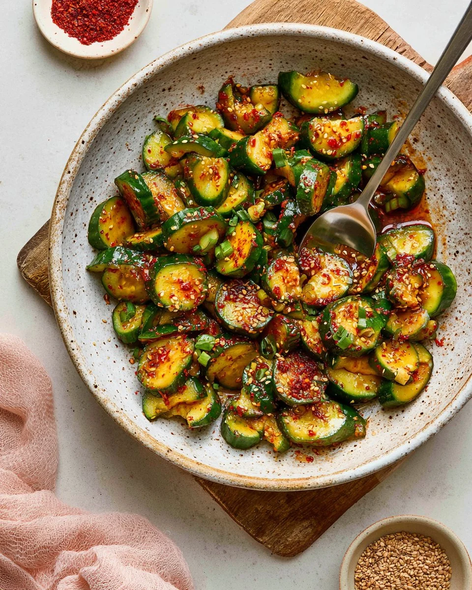 Delicious and vibrant Korean Cucumber Salad in a bowl.