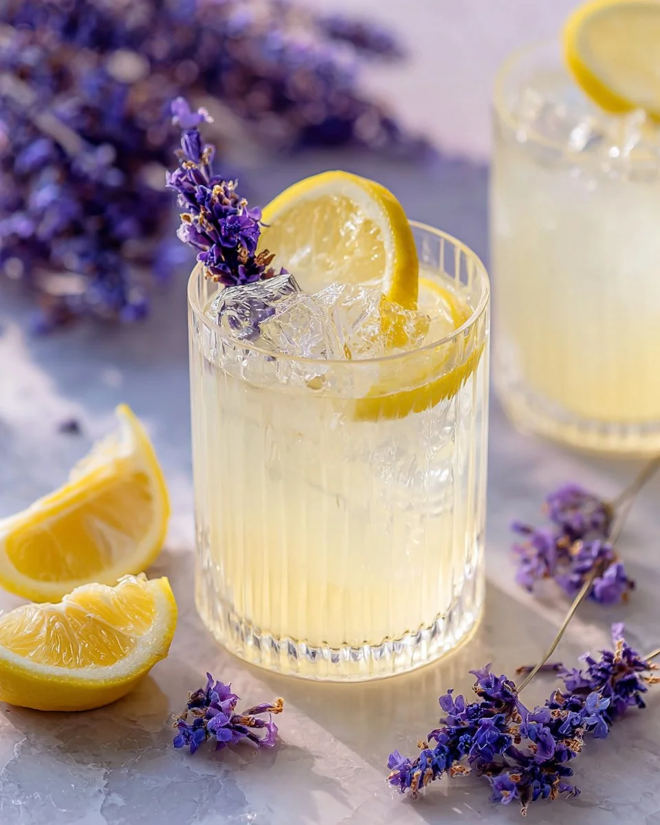 Glass of refreshing lavender lemonade with lemon slices and lavender sprigs
