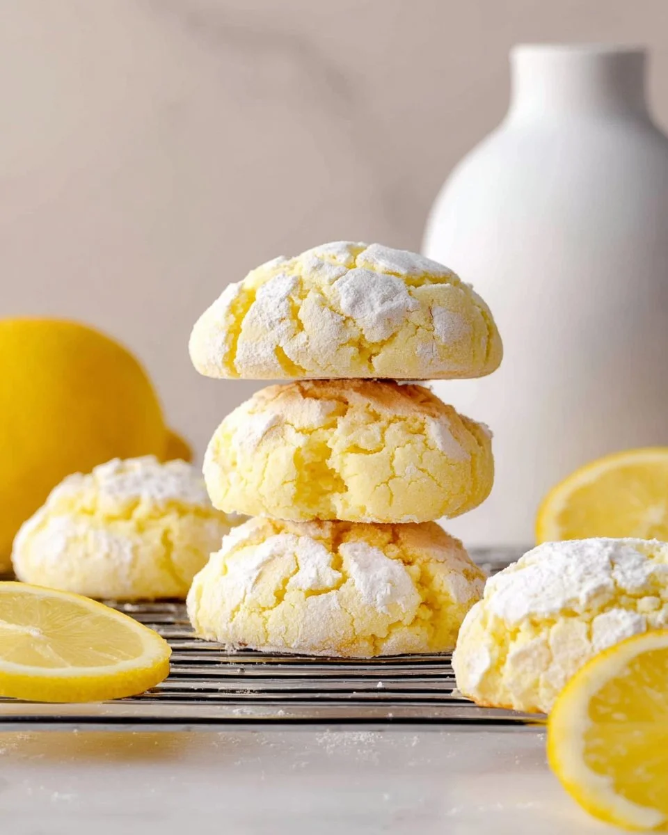 Batch of freshly baked Lemon Crinkle Cookies dusted with powdered sugar
