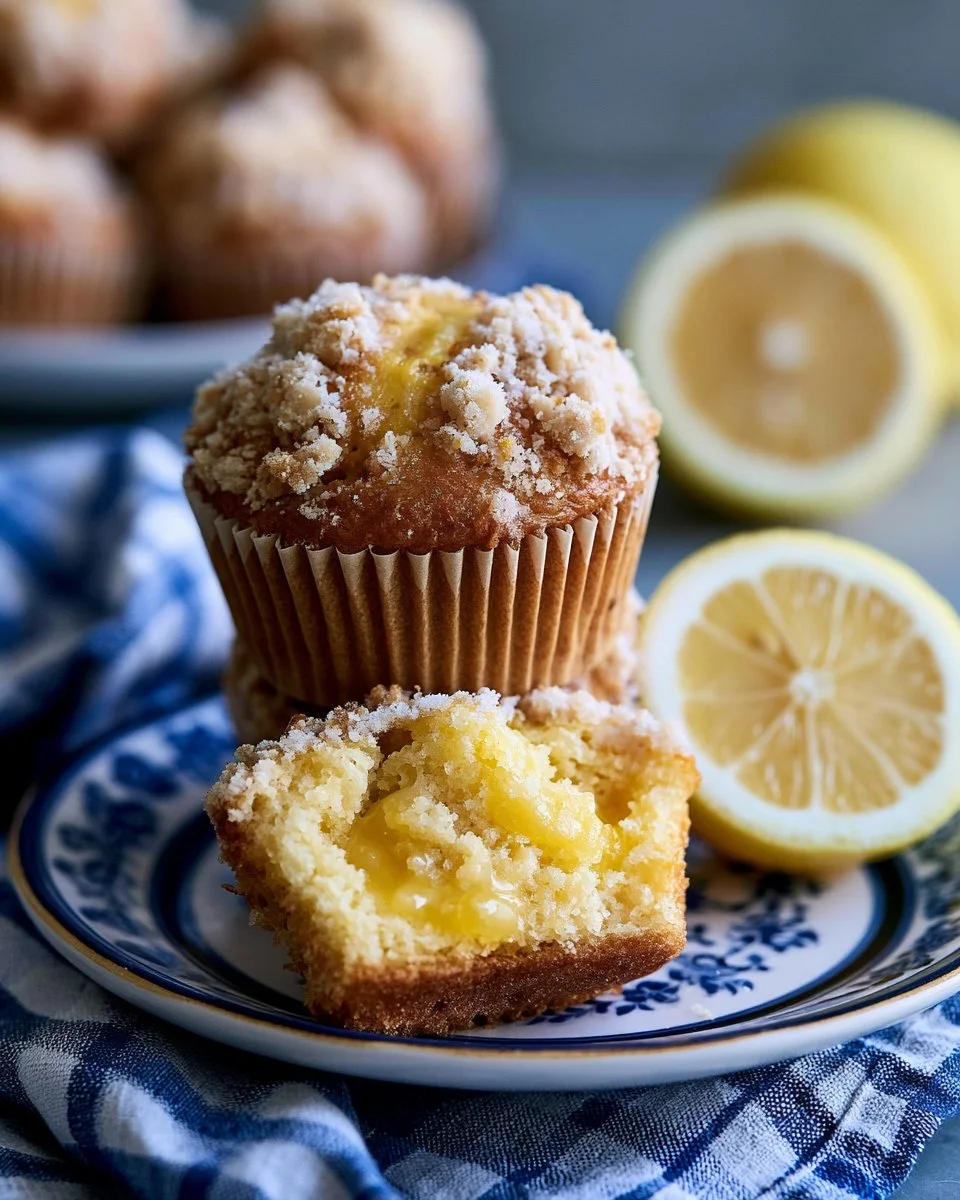 Freshly baked lemon curd muffins with a bright yellow filling