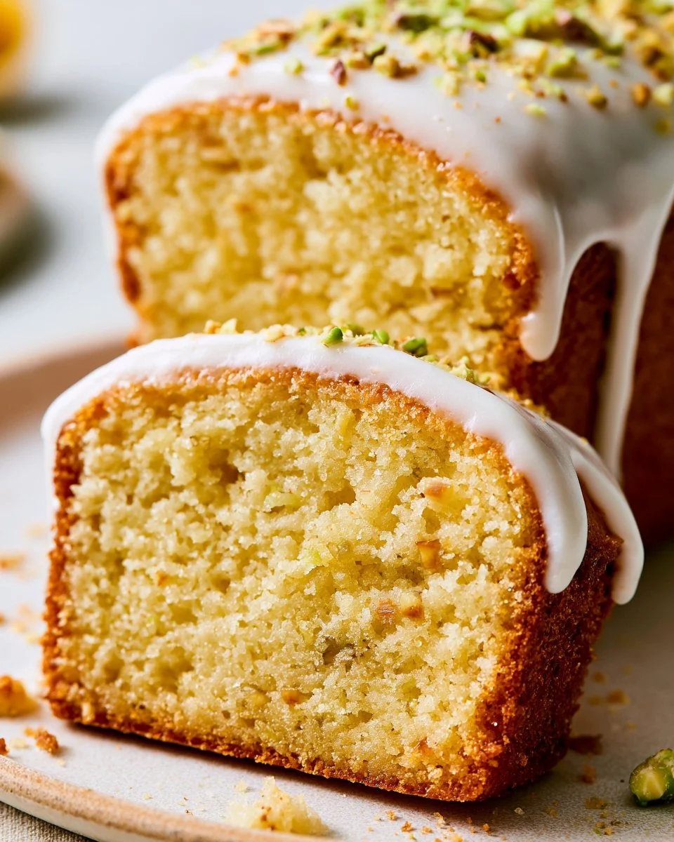 Delicious Lemon Pistachio Loaf sliced on a wooden board