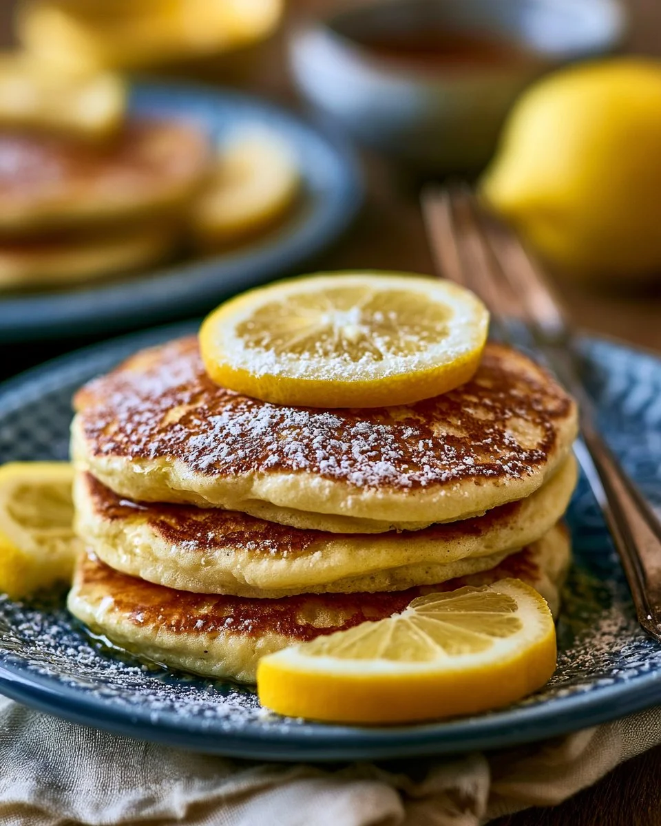 Fluffy Lemon Ricotta Pancakes served with syrup and fresh fruit