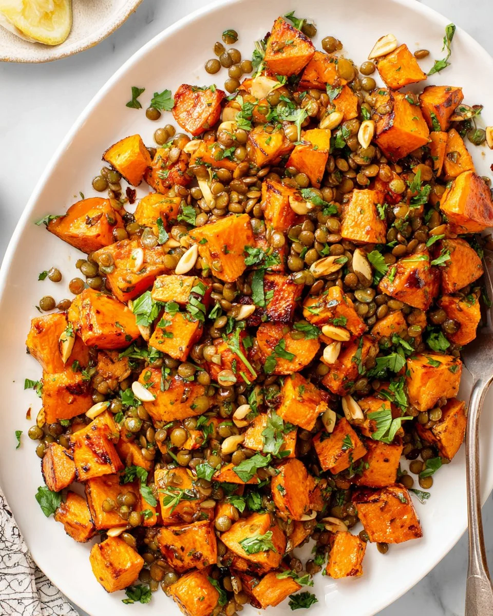 Lentil Sweet Potato Salad with vibrant colors and healthy ingredients