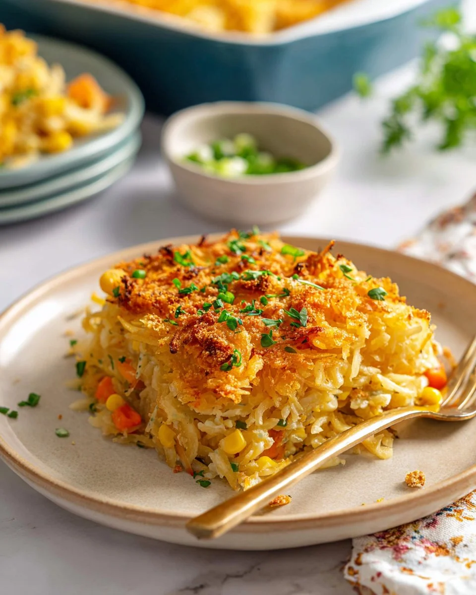 Delicious loaded hashbrown casserole topped with cheese and crispy bits