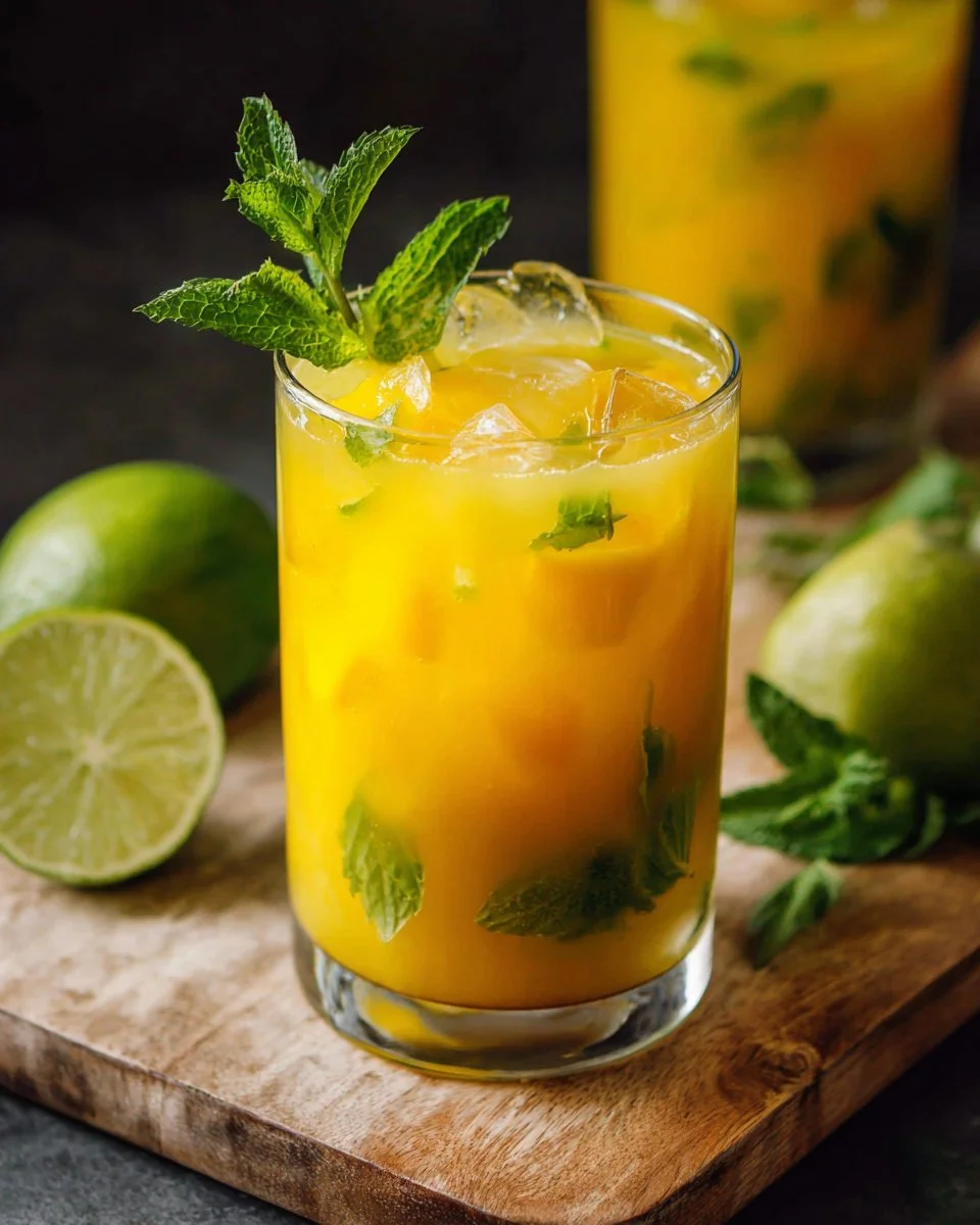 Refreshing Mango Mojito cocktail garnished with mint and lime