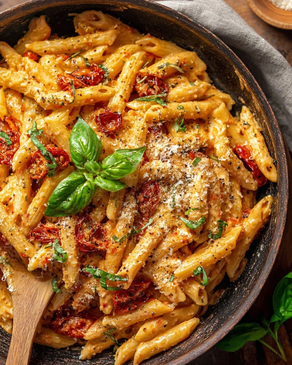 Delicious plate of Marry Me Pasta garnished with herbs and cheese
