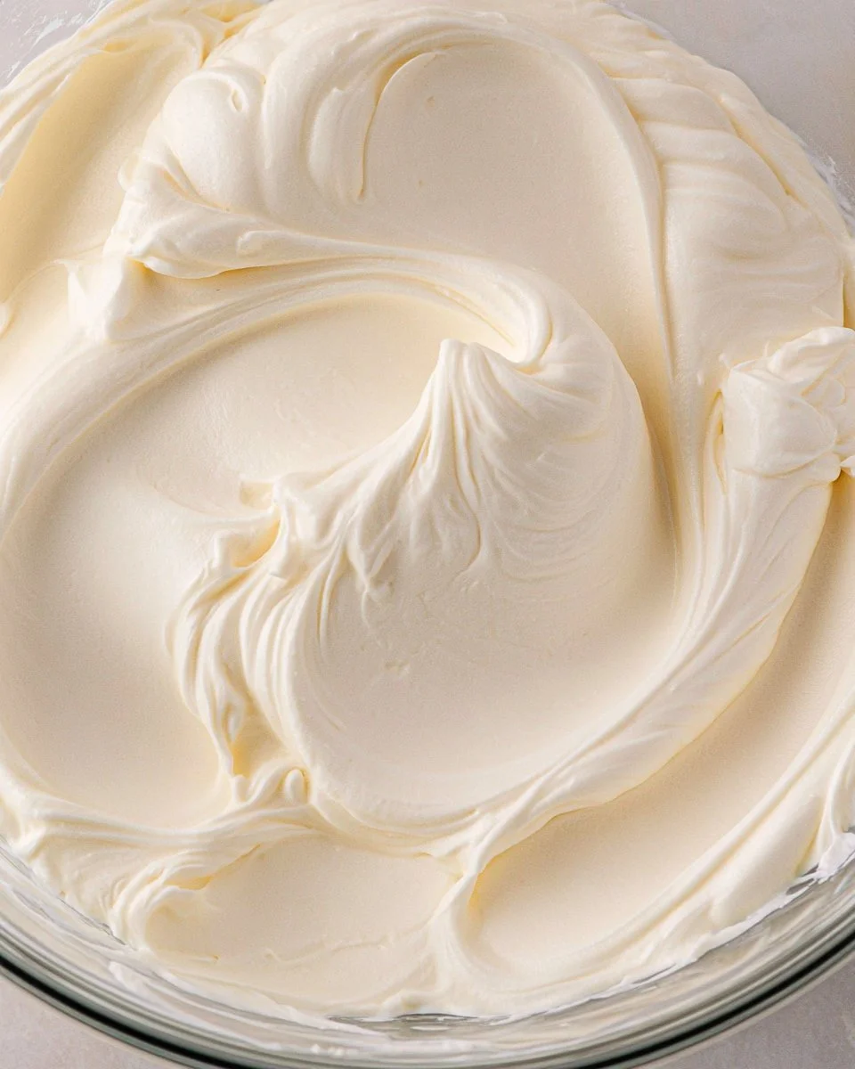Delicious mascarpone whipped cream topping on a dessert