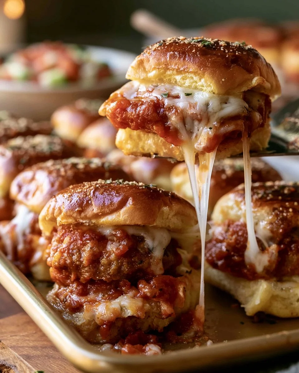 Delicious meatball sliders served on a platter with fresh herbs and sauce.