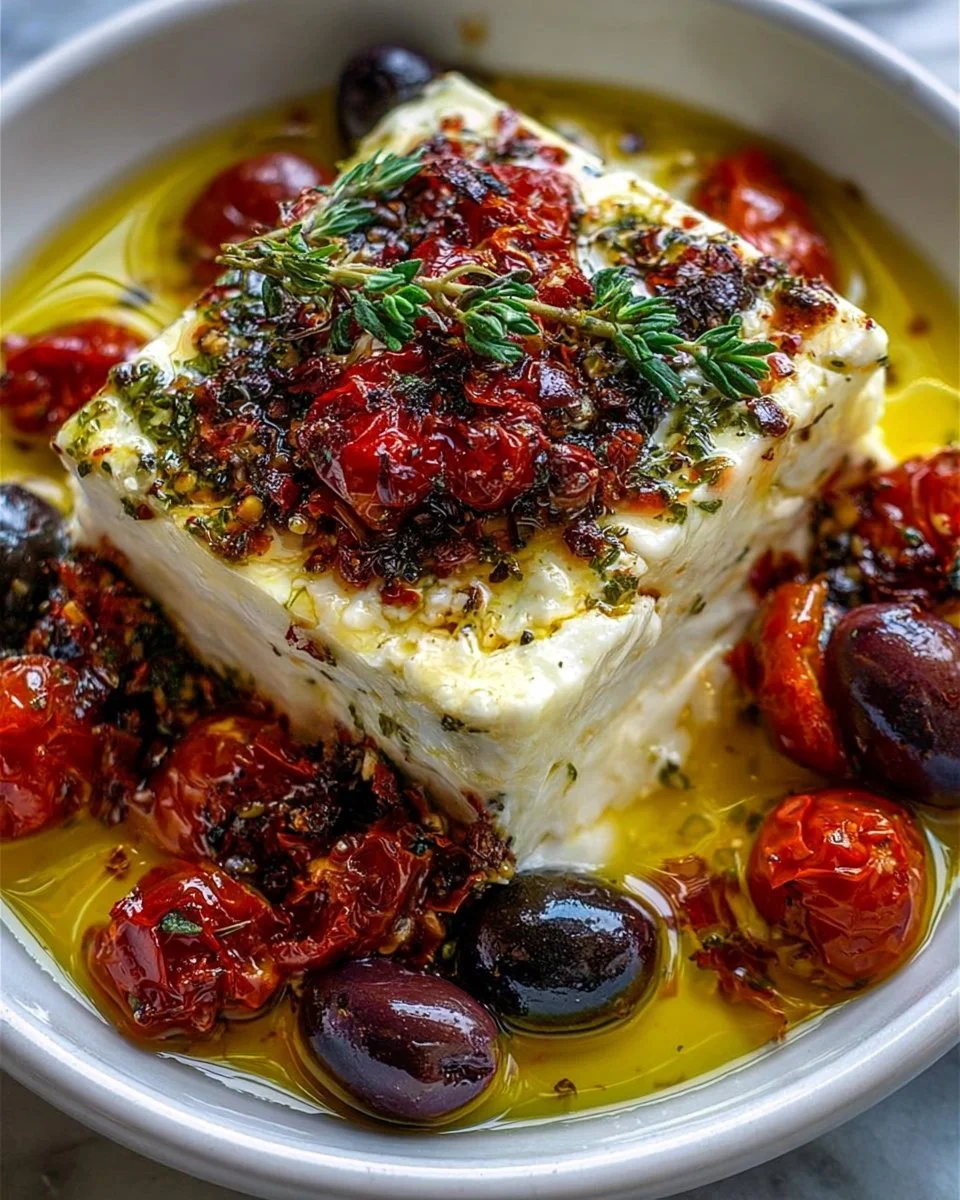 Mediterranean baked feta dish topped with herbs and spices