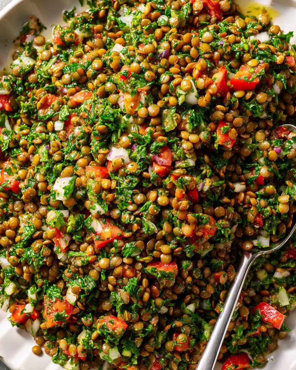 Mediterranean Chopped Lentil Salad with fresh vegetables and lemon dressing
