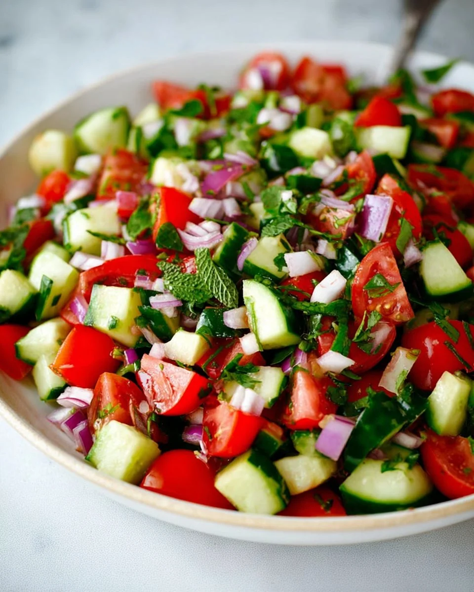 Fresh Mediterranean Cucumber Tomato Salad with herbs and olive oil