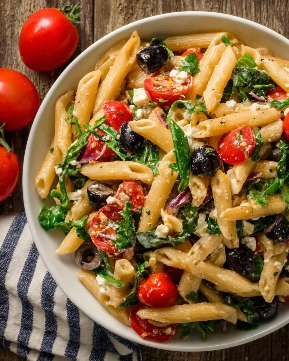 Colorful Mediterranean Pasta Salad with olives, tomatoes, and a dressing