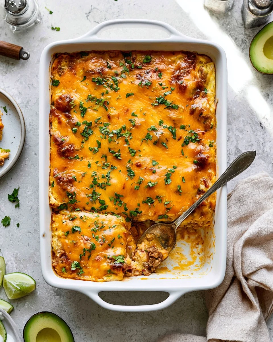 Delicious Mexican breakfast casserole served in a dish, garnished with fresh cilantro.