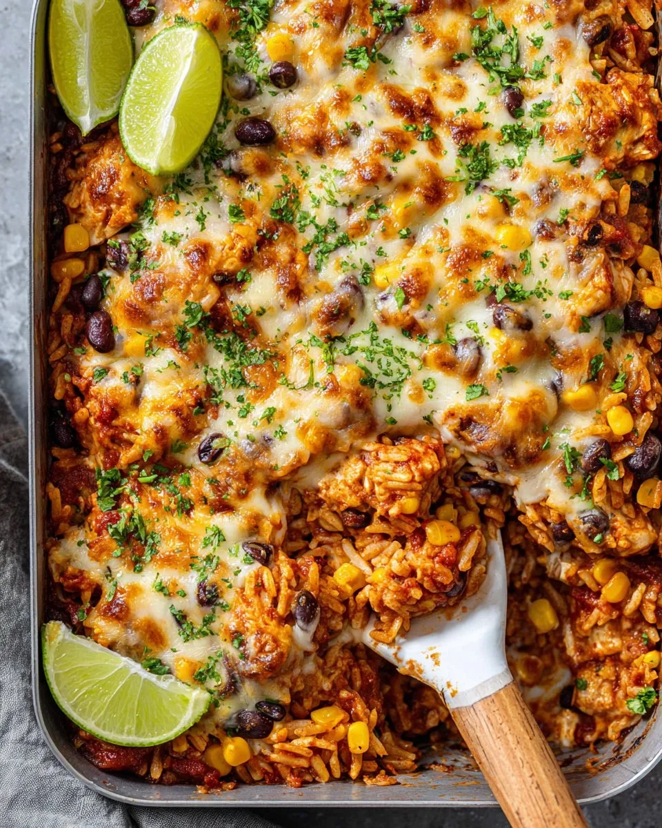Delicious Mexican Chicken Casserole topped with cheese and fresh herbs