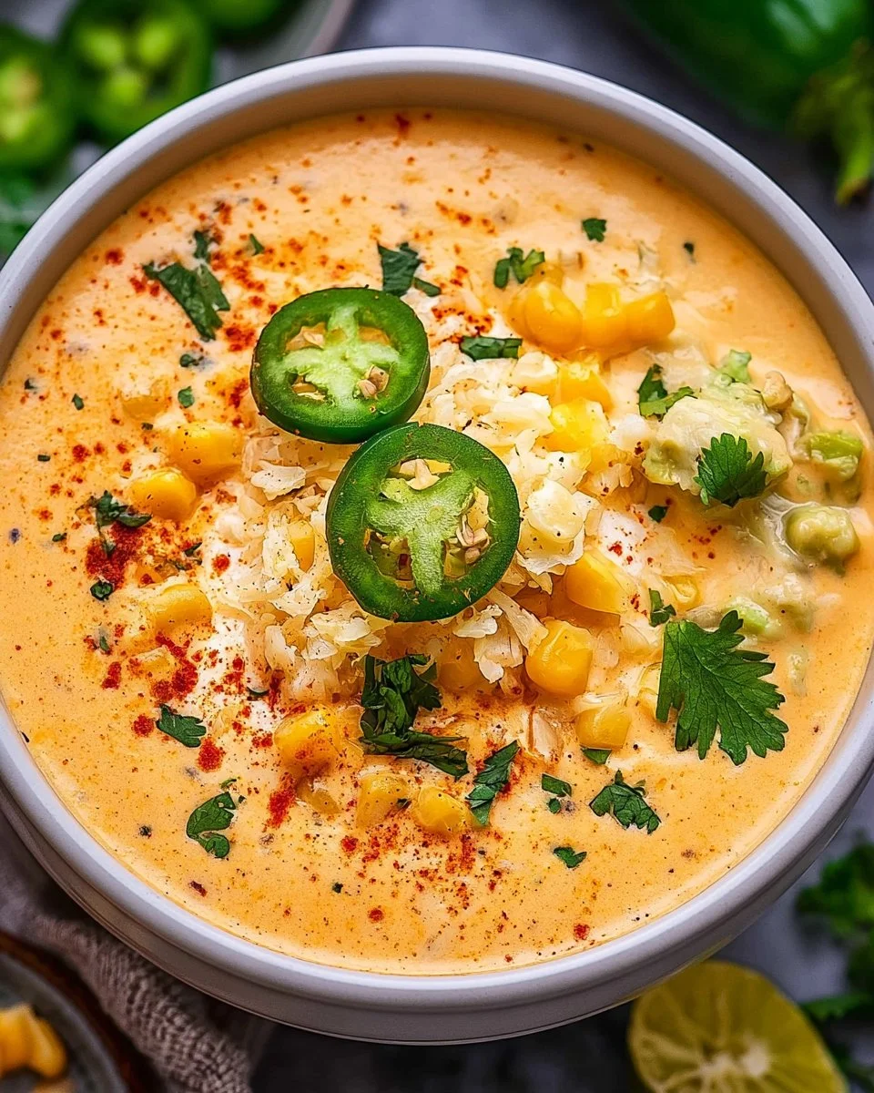 Bowl of creamy Mexican street corn soup topped with cilantro and cheese