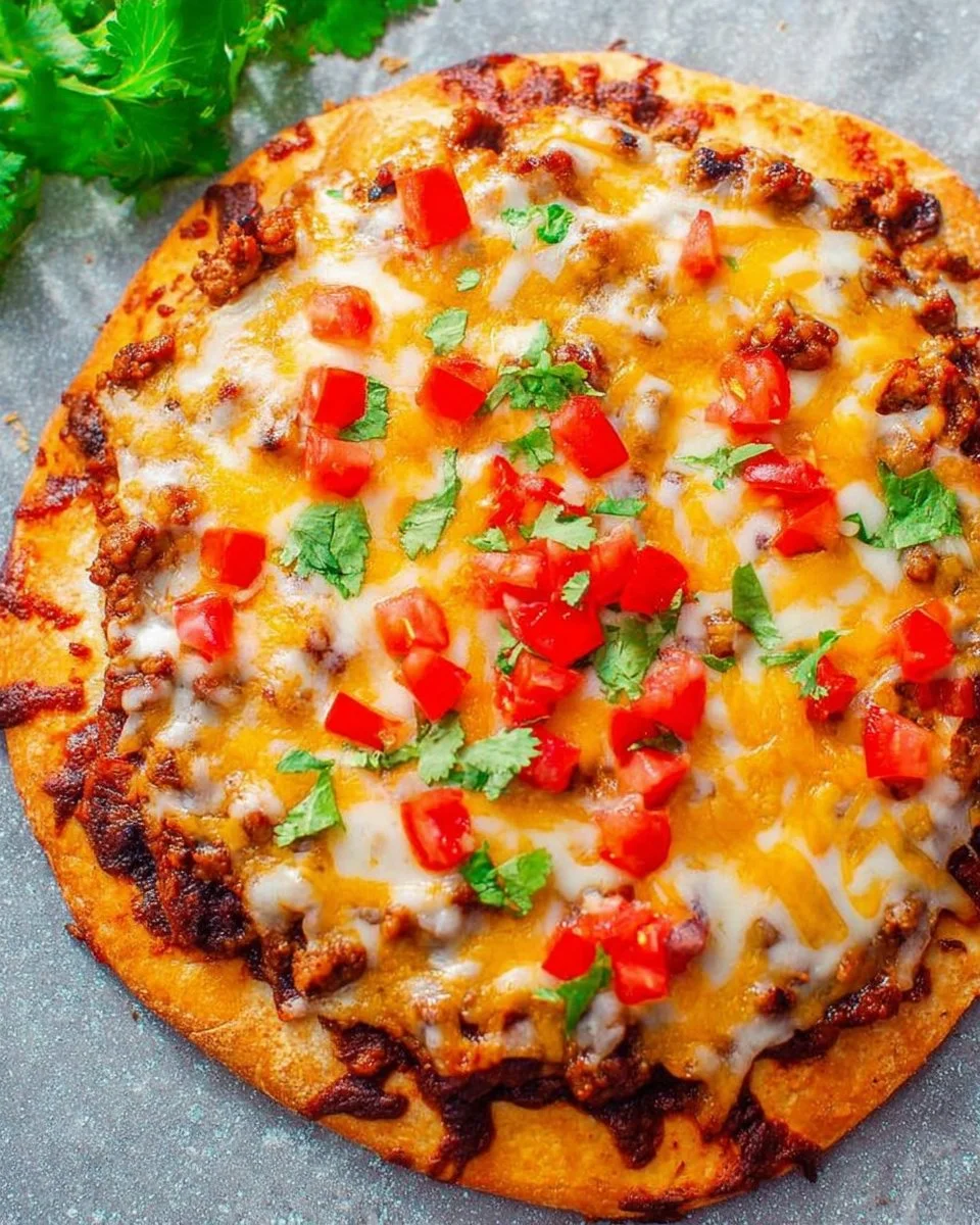 Delicious Mexican taco pizza topped with fresh ingredients and spices.