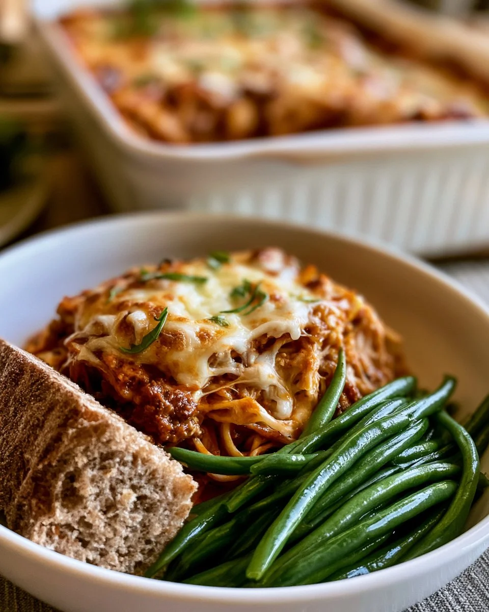 Delicious Million Dollar Spaghetti with layers of cheese and sauce.