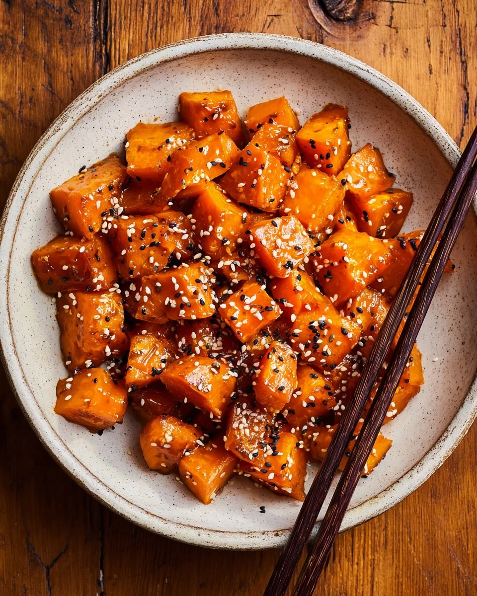 Miso glazed sweet potatoes served on a plate with garnishes.