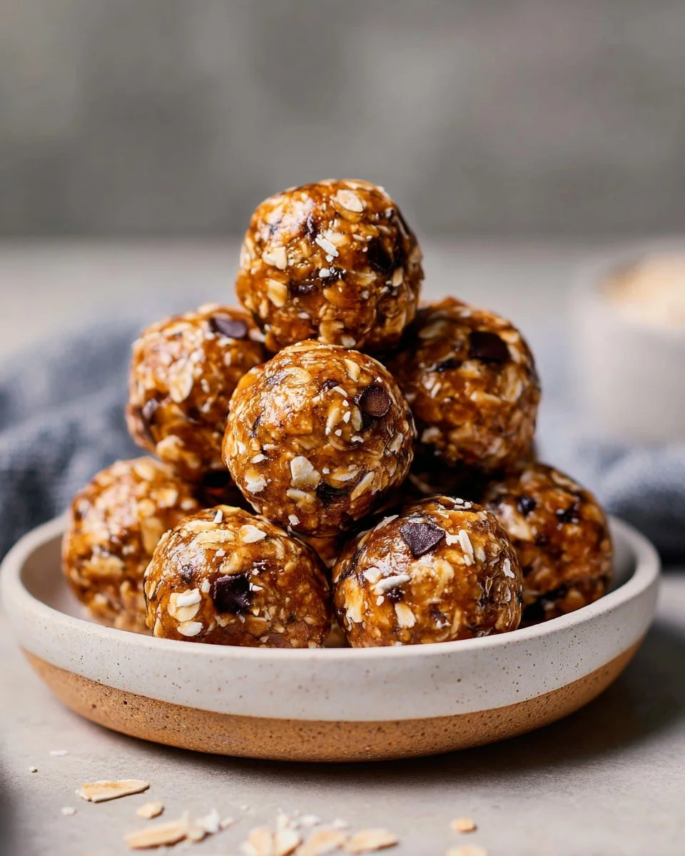Delicious no-bake almond butter oatmeal balls arranged on a wooden board