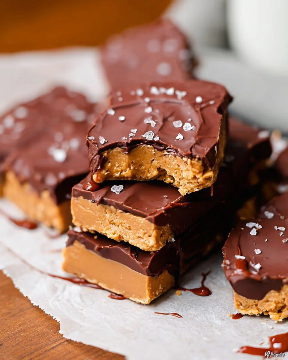 Delicious No Bake Buckeye Bars topped with maple syrup and chocolate.
