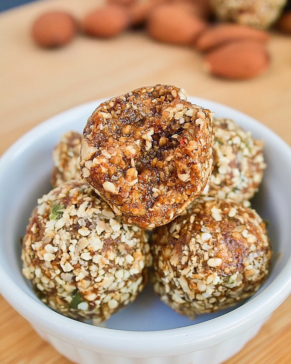 No bake granola energy bites with nuts and dried fruits in a bowl