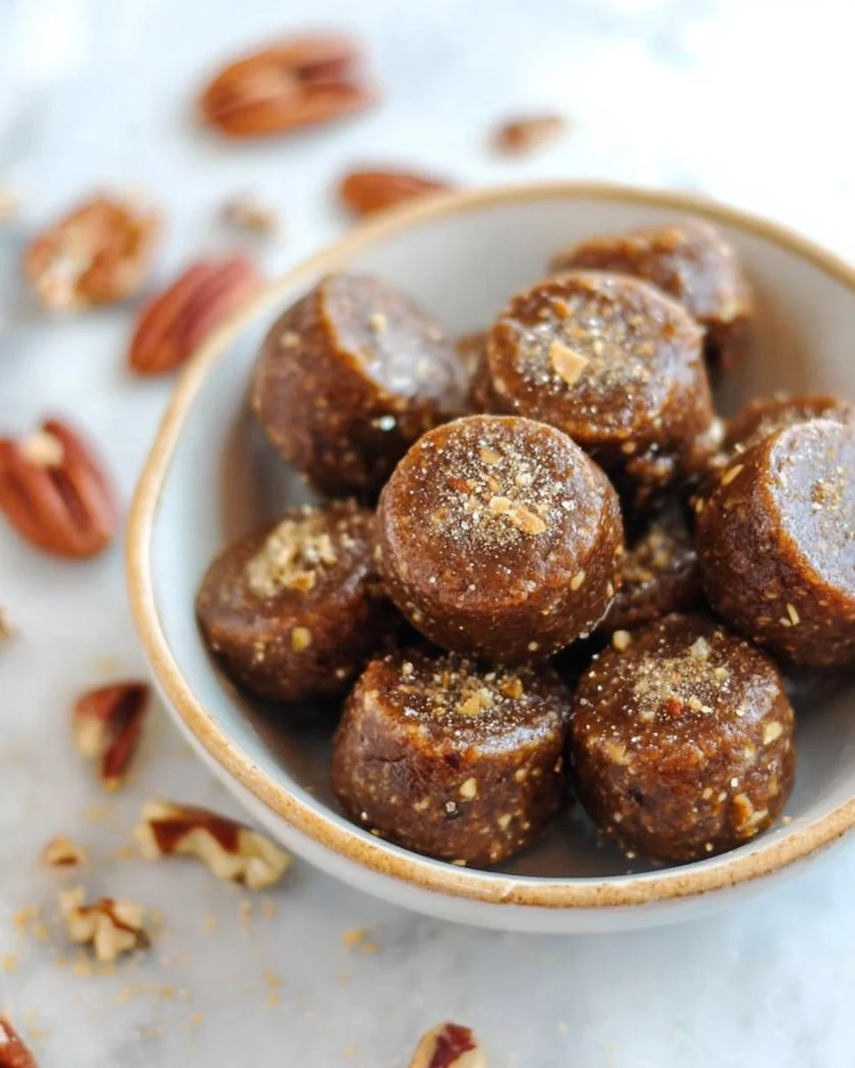 No bake pecan pie bites ready to serve, topped with chopped pecans.
