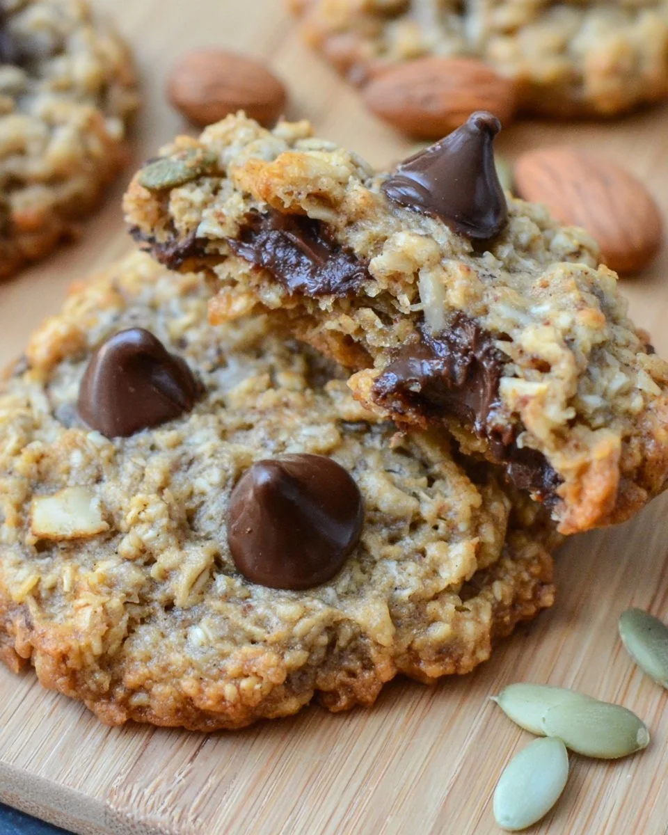 Oatmeal chocolate chip cookies with nuts and seeds on a baking tray