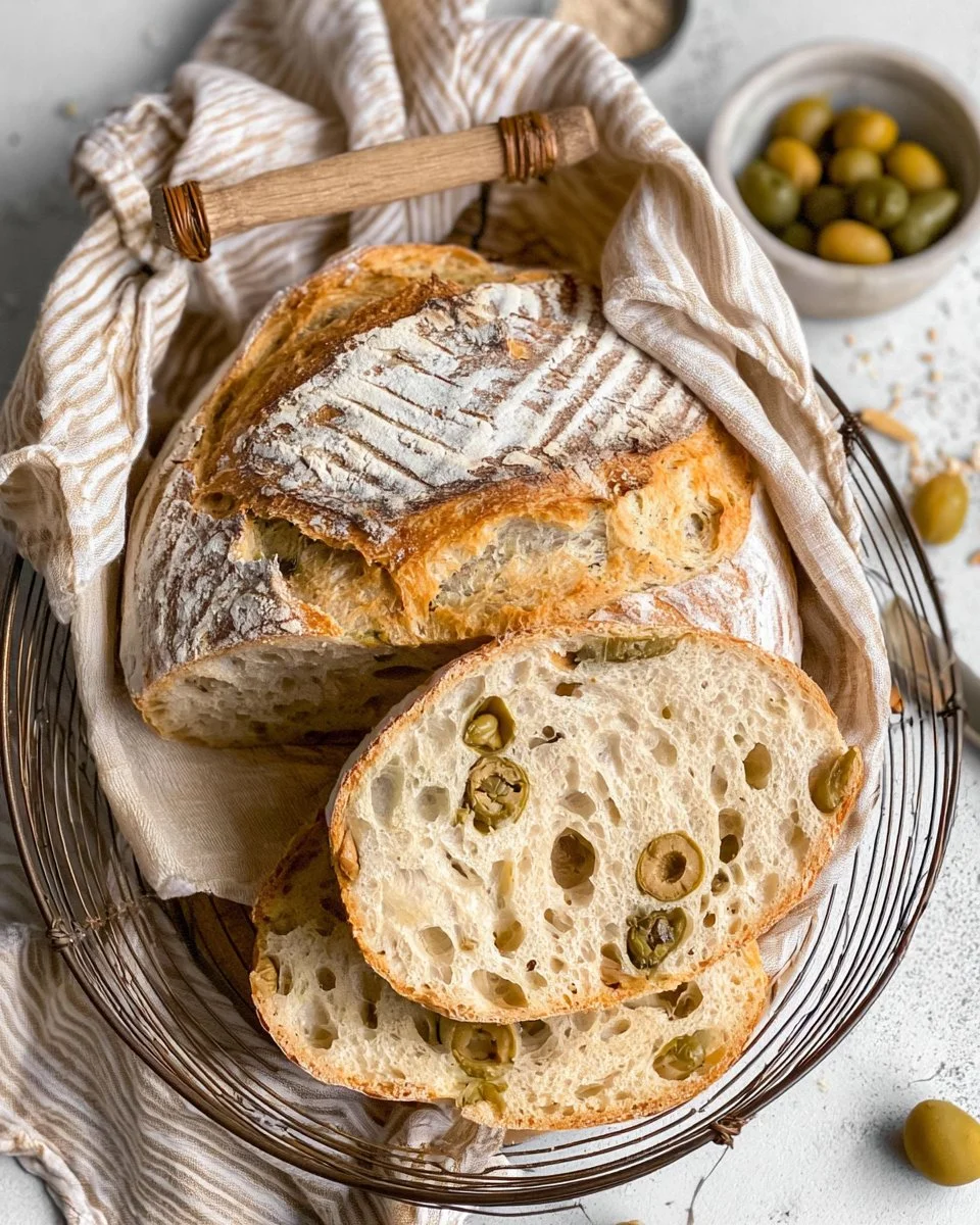 Freshly baked loaves of no knead olive bread with herbs and olives