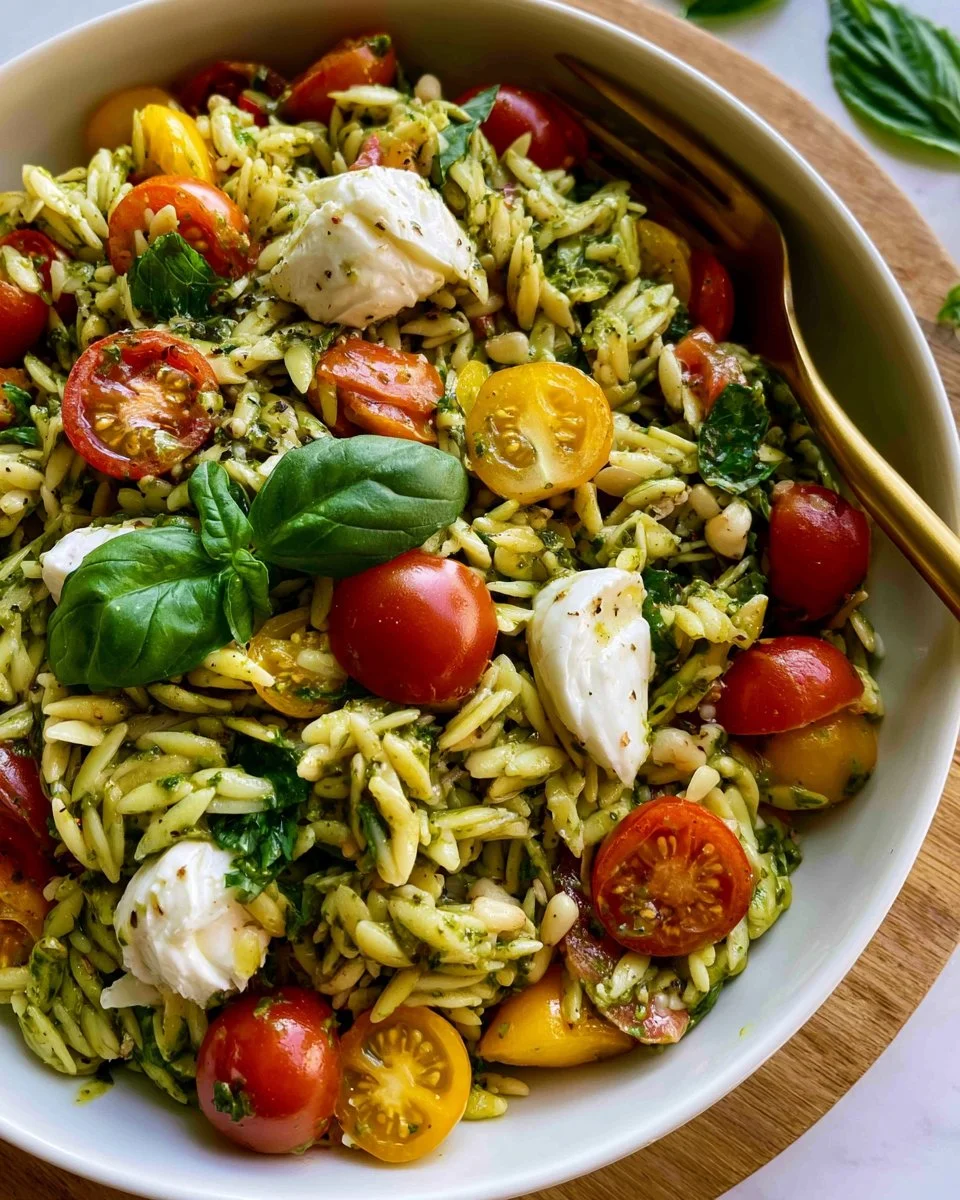 Refreshing Orzo Pesto Salad with vibrant greens and pesto dressing