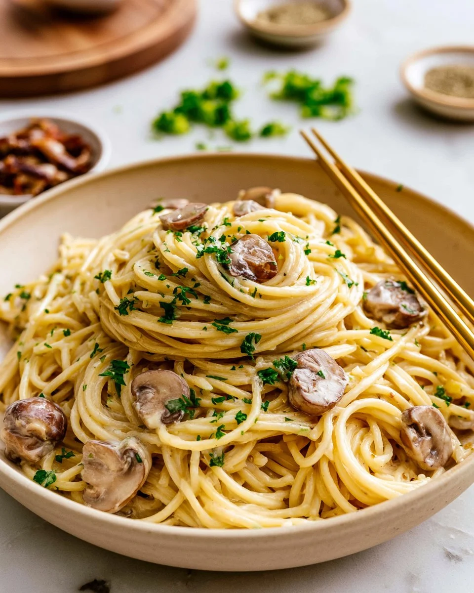 Delicious plate of traditional Pasta Carbonara garnished with parsley and cheese