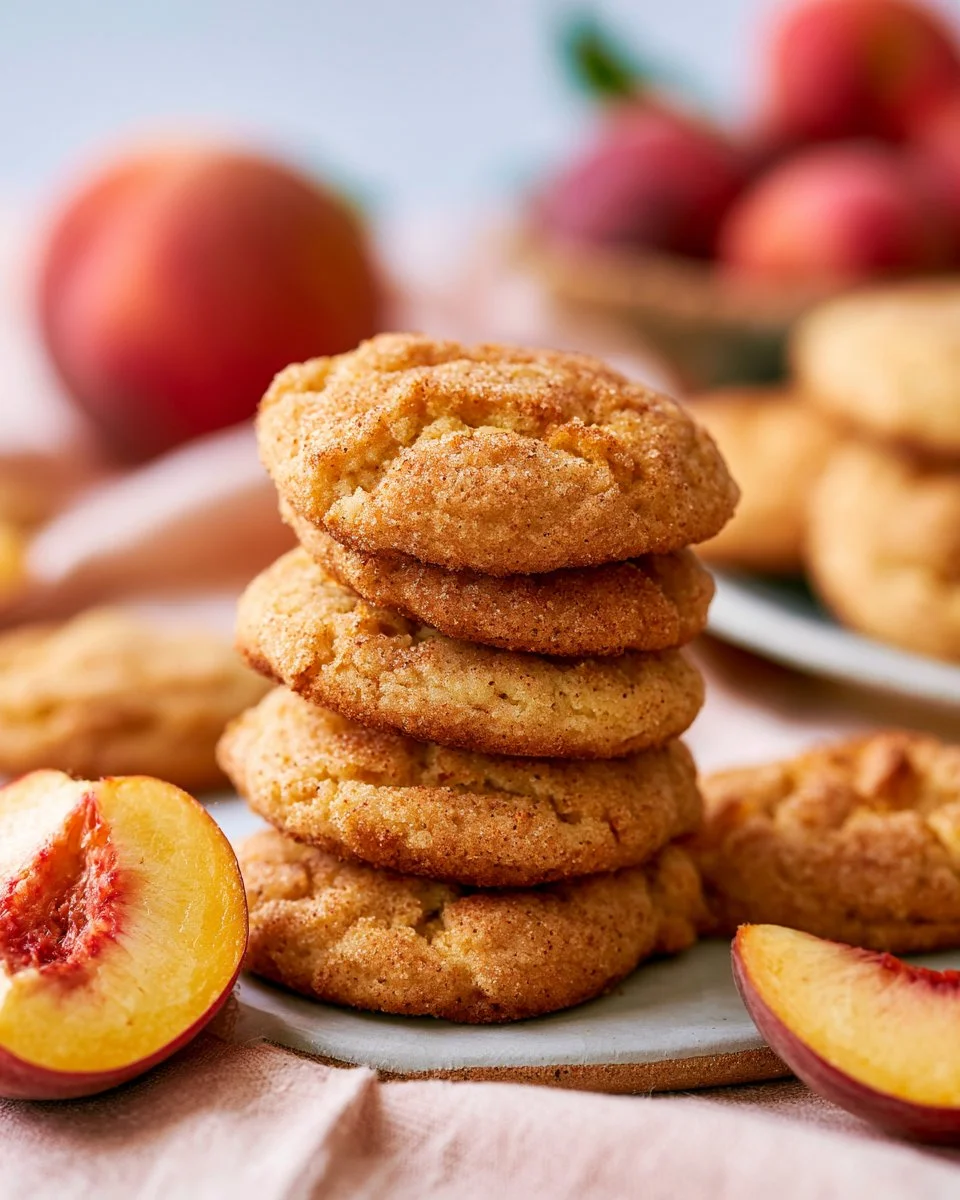 Plate of freshly baked peach cookies with a vibrant peach in the background.
