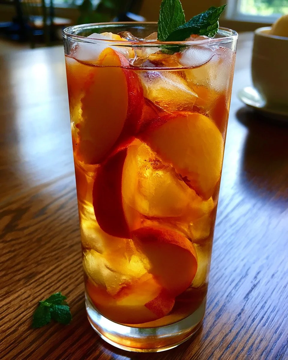 Glass of refreshing Peach Iced Tea with fresh peaches and mint leaves