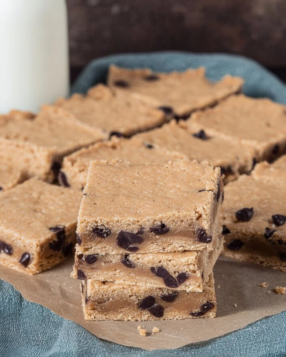 Tray of homemade Peanut Butter Bars with chocolate drizzle on top