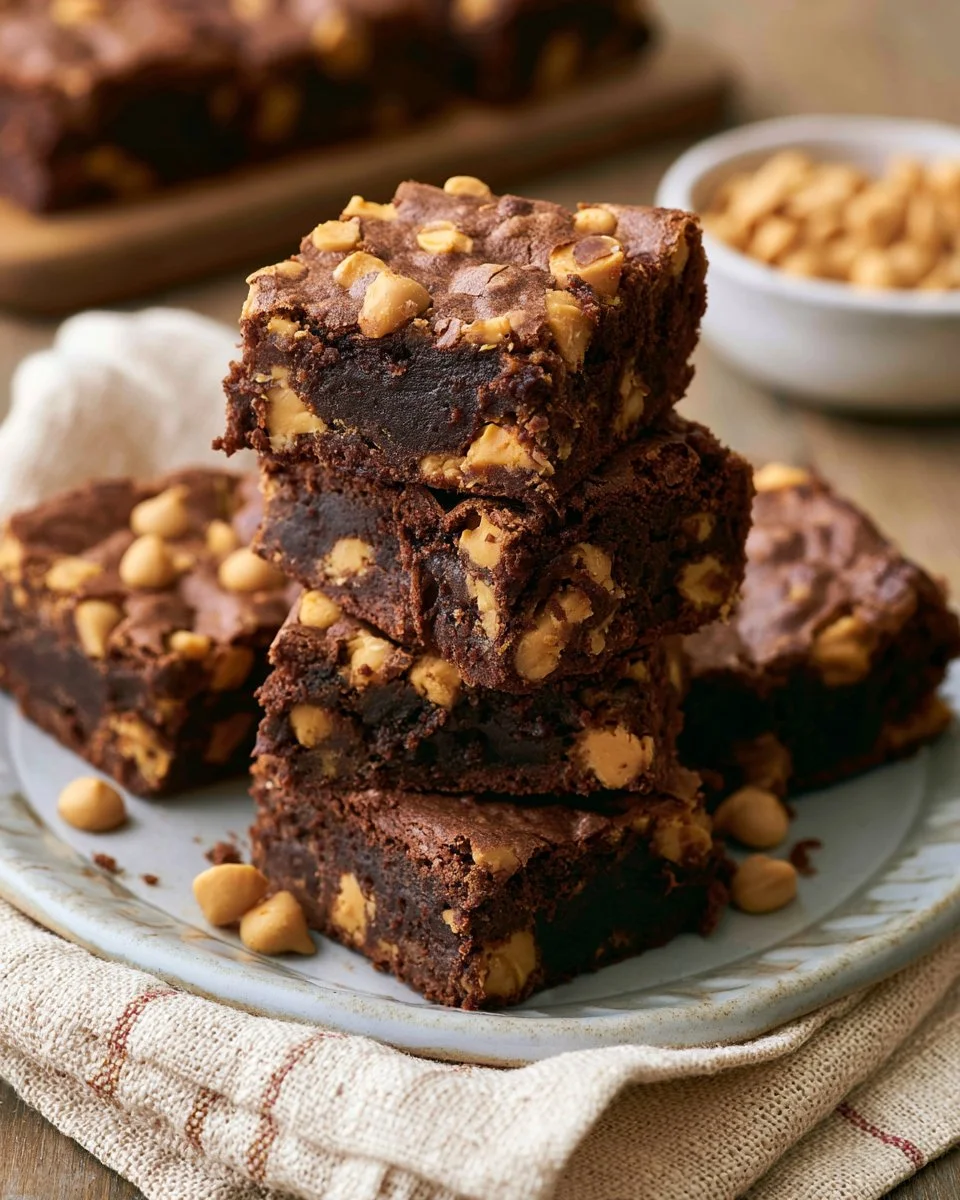 Delicious Peanut Butter Chip Brownies topped with chocolate and peanut butter chips.