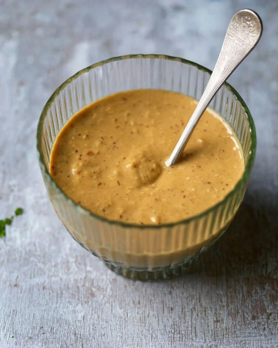 A bowl of homemade Peanut Lime Dressing made with fresh ingredients.