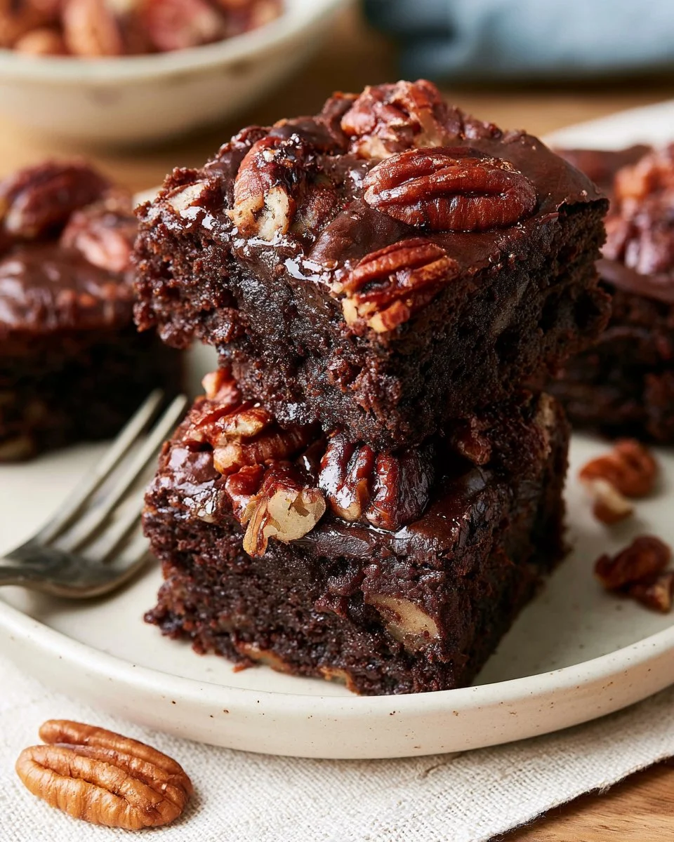 Delicious pecan brownies topped with nuts and chocolate drizzle