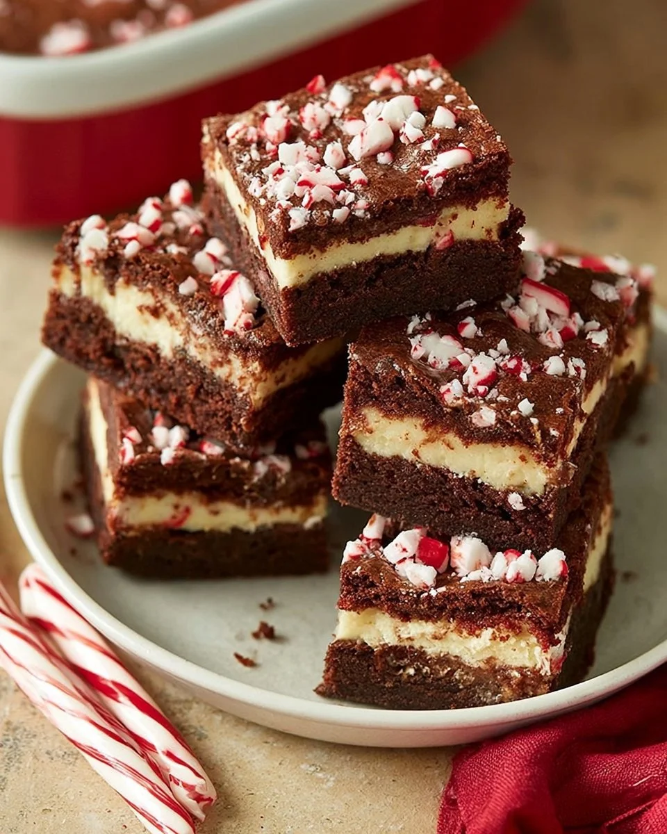 Delicious peppermint cheesecake brownies topped with festive decorations
