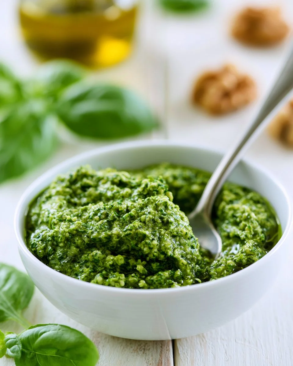 Pesto sauce with walnuts served in a bowl, garnished with fresh basil.