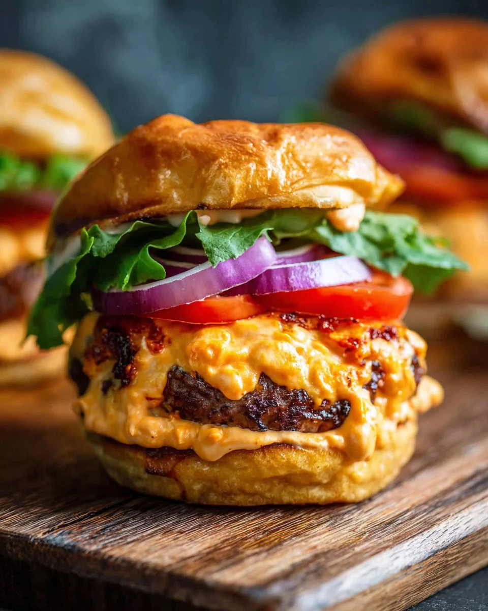 Delicious pimento cheese burgers topped with creamy cheese